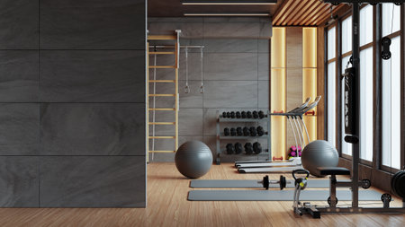 Mockup concrete wall in gym interior with sport and decorating style loft- 3D renderingの写真素材