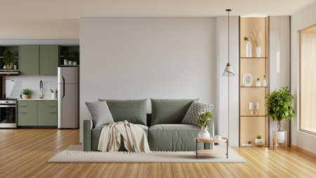 Mockup white wall with green sofa and decor in living room,kitchen interior design- 3D renderingの写真素材