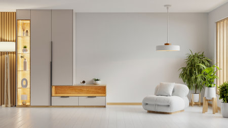 Modern minimalist interior with an armchair and decor accessories on empty white color wall background- 3D renderingの写真素材