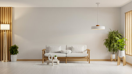 Living room interior wall mock up with white sofa plant and lamp on empty wood floor background- 3D renderingの写真素材