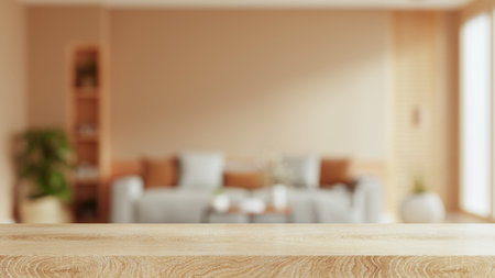 Empty wooden table with blurred view of scandinavian living room- 3D renderingの写真素材