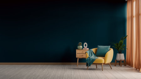 Large empty room with a yellow chair and a potted plant on dark blue wall- 3D renderingの写真素材