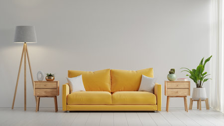 Yellow sofa is in a room with a lamp and a plant.The couch is against a wall- 3D renderingの写真素材