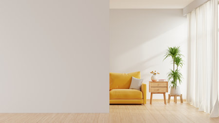 Modern interior of living room with yellow sofa on wood flooring and mockup white wall- 3D renderingの写真素材