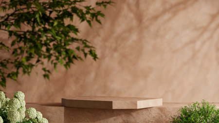 Brown stone podium in brown mocha color for product presentation- 3D renderingの写真素材