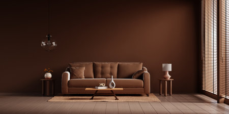 Living room interior in brown mocha tones with sofa and decor- 3D renderingの写真素材