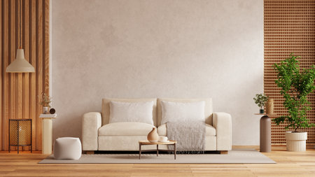 Scandinavian home living room interior with sofa and decor accessories on concrete wall- 3D renderingの写真素材