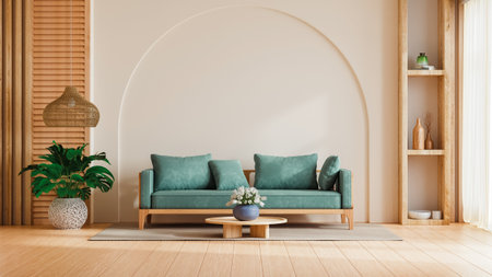 Modern living room interior with mint green sofa on the white wall in living room- 3D renderingの写真素材