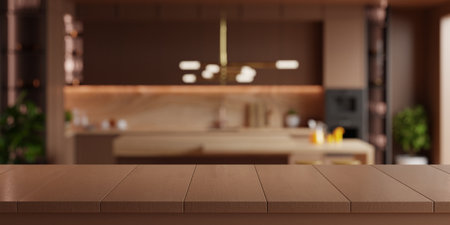 Kitchen with a wooden counter top and cabinet in brown mocha mousse 2025 color- 3D renderingの写真素材