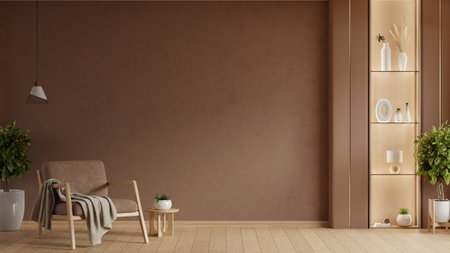 Living room interior in brown mocha 2025 color with brown armchair and decor- 3D renderingの写真素材