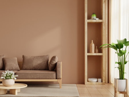 Living room interior in brown mocha 2025 color with Brown sofa and decor- 3D renderingの写真素材