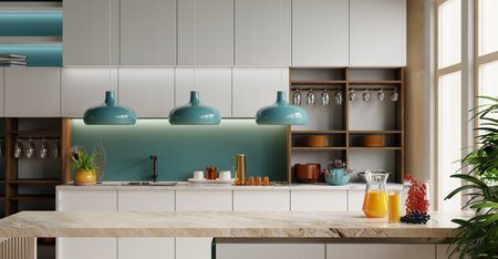 Beautifully designed modern kitchen with a combination of white and wooden elements- 3D renderingの写真素材