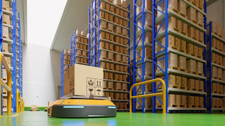 A futuristic warehouse powered by automated guided vehicles (AGVs), efficiently transporting and...