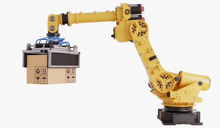 Industrial robotic arm lifting a cardboard box on white background- 3D renderingの写真素材