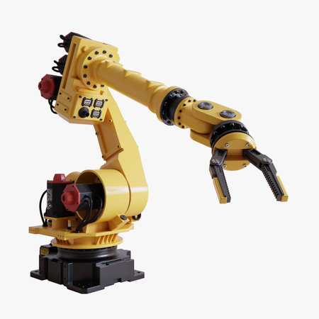 Yellow robotic arm with gripper standing on white background- 3D renderingの写真素材