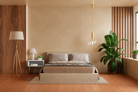 Minimalist bedroom design featuring a neutral-toned bed, wood paneling, indoor plants, and cozy lighting- 3D renderingの写真素材