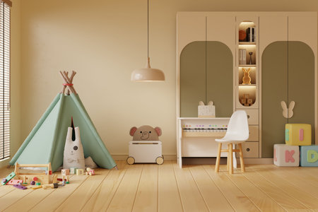 Minimal kids playroom interior with green teepee tent and wooden furniture- 3D renderingの写真素材