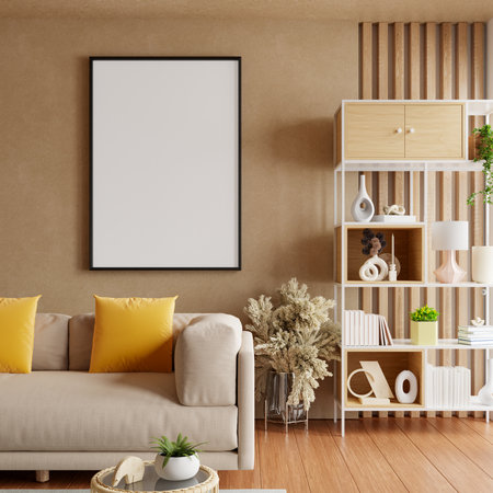 Modern beige sofa in cozy living room with wall frame and wooden floor- 3D renderingの写真素材
