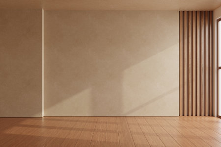 Empty beige wall with wooden floor and sunlight shadow- 3D renderingの写真素材