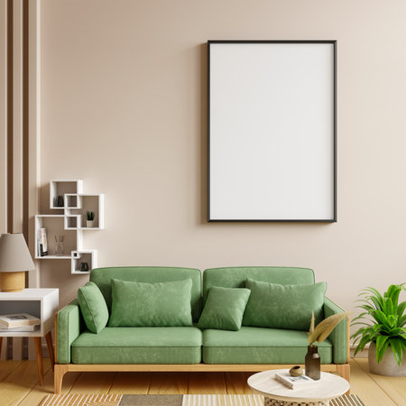 Minimal living room with mockup poster frame and cozy green sofa,modern interior design- 3D renderingの写真素材