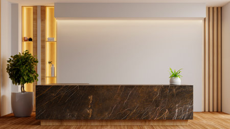 Modern minimalist reception area featuring a dark marble front desk, wooden slat wall accents, natural lighting- 3D renderingの写真素材