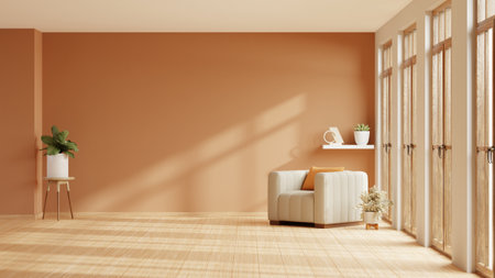Home interior with an armchair on empty orange wall background,Minimal room- 3D renderingの写真素材