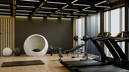 Stylish home gym interior featuring treadmills, weight benches, dumbbells, yoga mat, and balance balls. Includes a unique white meditation pod and vertical wooden slats- 3D renderingの写真素材