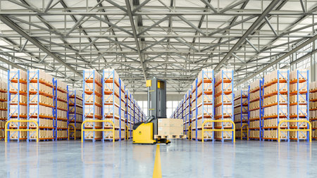 Automated warehouse robot lifting packages in modern storage facility- 3D renderingの写真素材