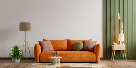 Modern living room interior with orange sofa, wooden floor, and green accent wall- 3D renderingの写真素材