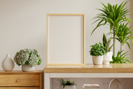 Close-up of a blank photo frame on a white table, ideal for copy space and a variety of creative presentations- 3D renderingの写真素材