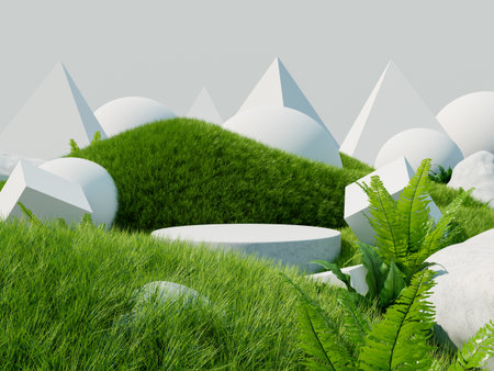 Abstract natural landscape with a blank podium for showcasing your product, surrounded by green grass and geometric shapes- 3D renderingの写真素材