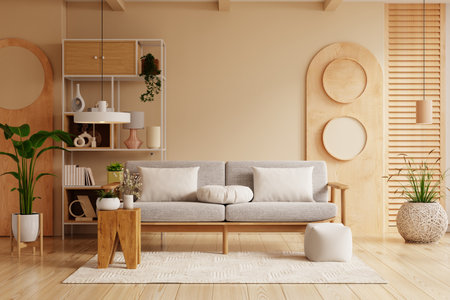 A cozy and inviting living room featuring a modern Scandinavian-style sofa, warm color tones, and natural wood furniture- 3D renderingの写真素材