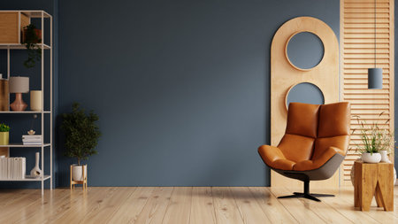 Living room with leather armchair in a wooden cabinet against a dark blue wall- 3D rendering