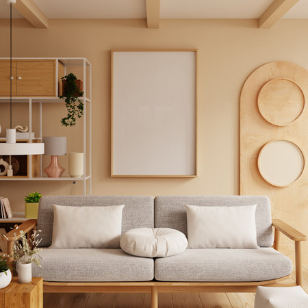 Minimalist living room interior design with empty vertical poster mockup, natural wood furniture, beige wall, and cozy Scandinavian-style sofa- 3D renderingの写真素材