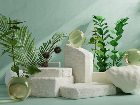 A natural abstract composition featuring white stone blocks, green leaves, tropical plants- 3D renderingの写真素材