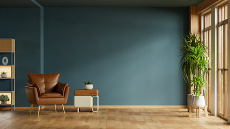 A chic and contemporary living room interior with an empty dark blue wall mockup, a comfortable brown leather armchair, a stylish side table- 3D renderingの写真素材