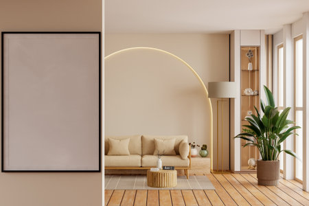Mock up frame in modern cozy living room featuring a beige sofa, wooden flooring, a decorative arch light on the wall- 3D renderingの写真素材