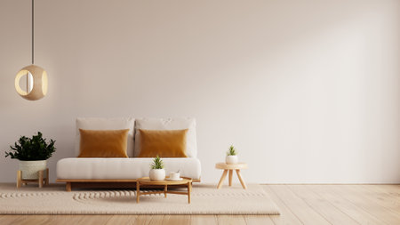 Minimal cozy living room featuring a white sofa with warm brown cushions, wooden tables, indoor plants, and a modern pendant lamp- 3D renderingの写真素材