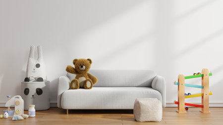 Kids playroom with sofa and teddy bear- 3D renderingの写真素材