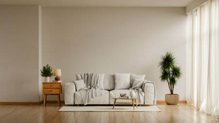 Cozy minimalist living room interior with white sofa, wooden furniture, and green plant in neutral tones- 3D renderingの写真素材