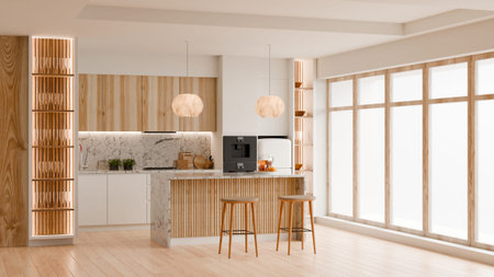 Luxury modern kitchen interior with wooden cabinets, marble island and bar stools- 3D renderingの写真素材