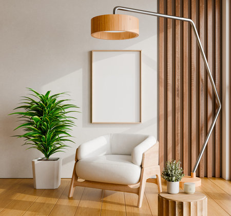 Interior mockup with blank picture frame, white armchair and green plant in living room- 3D renderingの写真素材