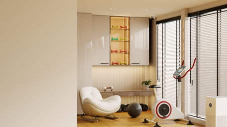 Modern home gym interior with stationary exercise bike, dumbbells and fitness equipment- 3D renderingの写真素材