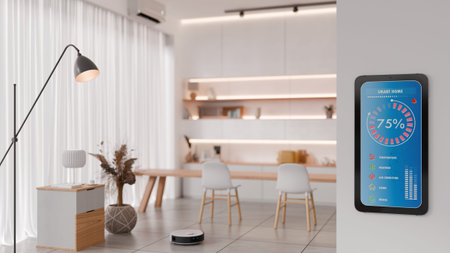 Smart home system interface on digital tablet with blurred living room background- 3D renderingの写真素材