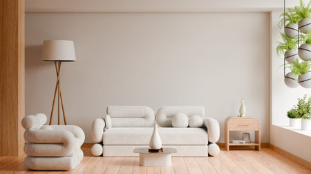 Modern living room interior featuring trendy rounded white furniture, hanging plants, and warm lighting- 3D renderingの写真素材