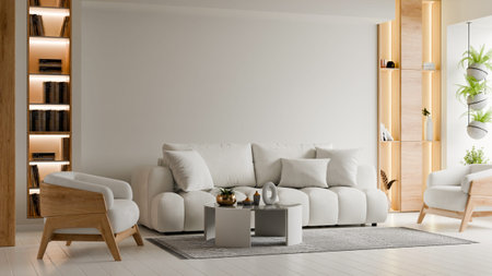 Modern minimalist living room interior with white curved sofa, armchair, wooden shelves, and hanging plants against empty white wall mockup- 3D renderingの写真素材