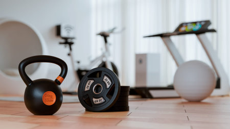 Close up of kettlebell and weight plates on wooden floor in modern home gym room with treadmill background- 3D renderingの写真素材