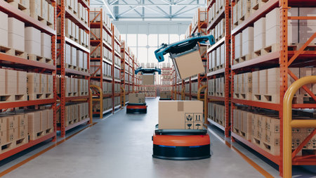 Automated warehouse interior with agv robots and drones carrying cardboard boxes on shelves for...