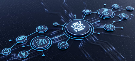 Futuristic artificial intelligence technology concept showing a central AI processor connected to digital icons and data networks- 3D renderingの写真素材