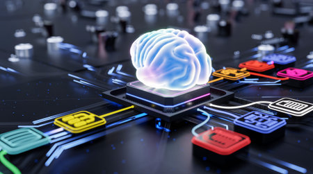Artificial intelligence concept with glowing digital brain on motherboard microchip processor and...